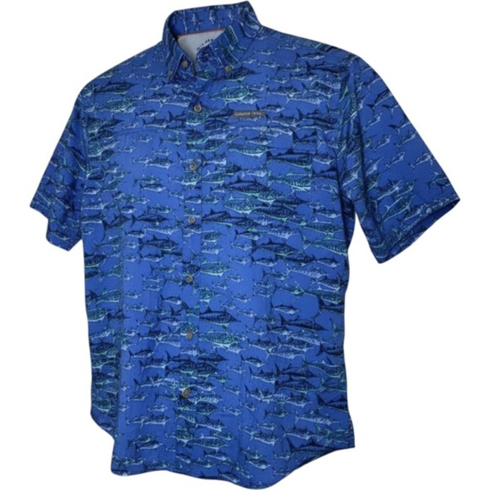 GH‎ Bass Men's Marlin Fish Print Fishing Shirt Blue Short Sleeve Stretch NWT